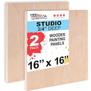 U.S. Art Supply Unfinished Cradled Wood Panels for Painting, 2 Pack of 16x16 inch - Studio Birch Wooden Canvas Boards 3/4" Deep - Mixed-Media Craft, Acrylic, Oil, Encaustic, Paint Pouring Panel Board