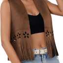 SOFIA'S CHOICE Women Fringe Vest Cowgirl Western Hippie Faux Suede Tassel Rave Outerwear Brown X-Large