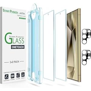amFilm Auto-Alignment OneTouch for Samsung Galaxy S24 Ultra 6.8'' Screen Protector + Camera Lens Protector, Tempered Glass, 30 seconds Installation, Bubble Free, Anti-Scratch [2+2 Pack] (S24U-6.8")