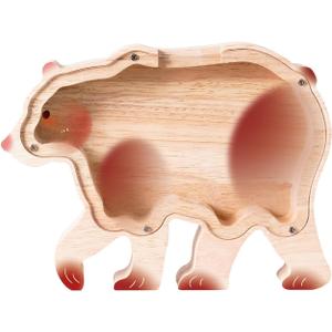 Wooden Bear Piggy Bank for Kids, Cute Unbreakable Money Coin Bank Jar, Safe Money Box, Transparent Saving Jar, Birthday Easter Anniversary Baptism Gifts for Boys Girls Toddler, Bear Lovers (Large)