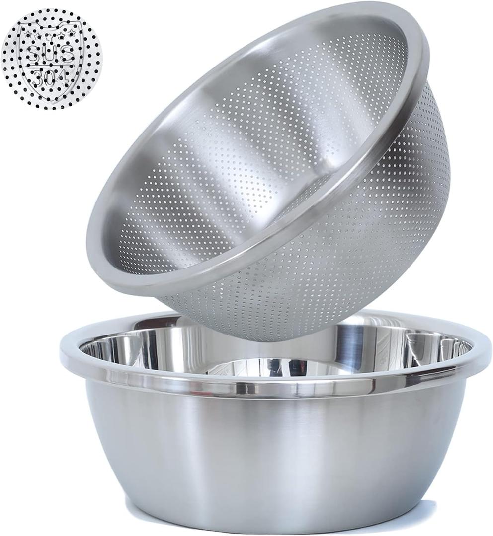 304 Stainless Steel Microporous Colander, 2.5QT Large Capacity with Mixing Bowl For washing vegetables, fruit and rice and for draining cooked pasta(2PC) (Primary Colors)