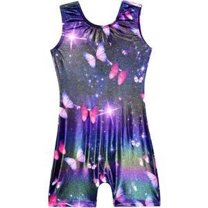 Domusgo Gymnastics Leotards for Girls Sparkly One Piece Sleeveless Tumbling Unitards (6-7 Years, Black Pink Butterfly)
