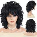 GNIMEGIL 15 Inch Womens Natural Black (Dark Brown) Curly Wig with Bangs Medium Length Wig with Bangs Shoulder Hairstyles Mommy Wigs 70s 80s Costume Synthetic Hair Replacement Drag Queen Wigs Daily