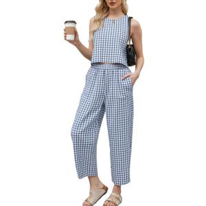Two Piece Sets for Women Summer Lounge Sets Tank Top Wide Leg Crop Pants Beach Vacation Travel Matching Outfits (Medium, Light Blue)