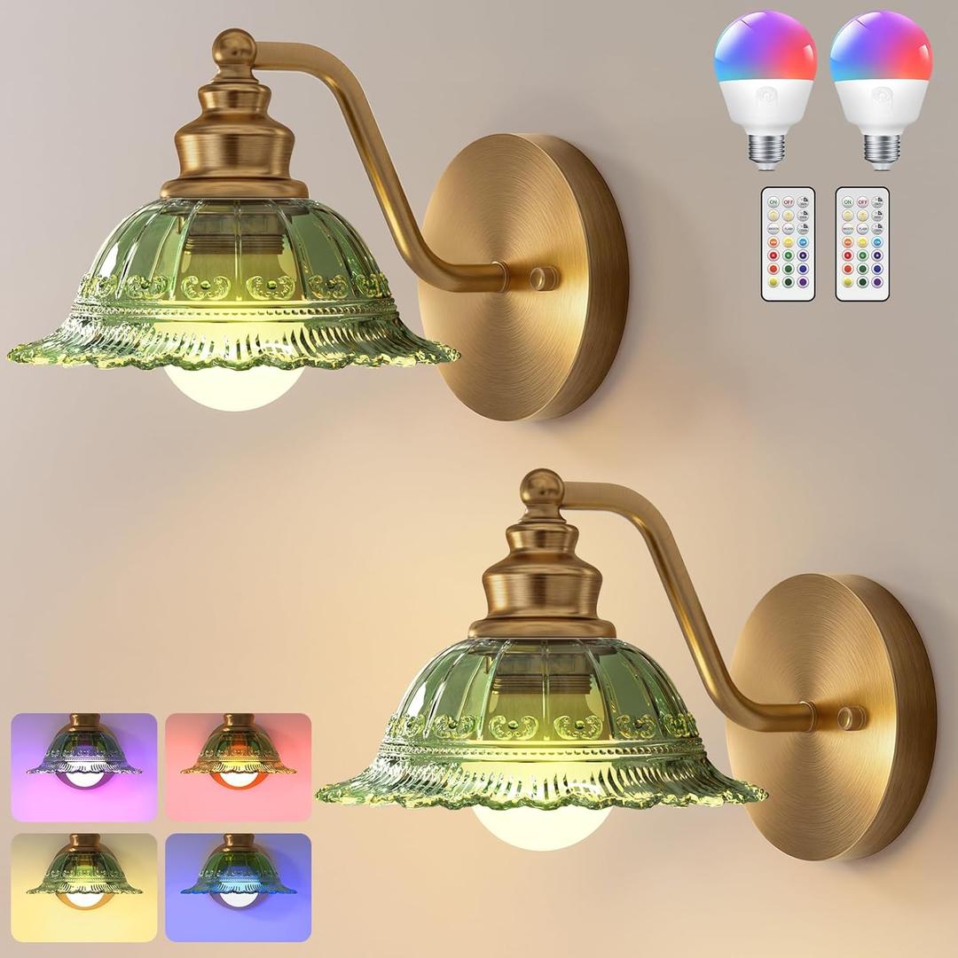 Redluck Battery Operated Wall Sconce with Remote Control, Vintage Green Glass Wireless Wall sconces Set of Two, Rechargeable Battery Powered Wall Lamp for Bedside Bedroom Living Room Hallway Decor