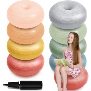 Lewtemi 8 Pcs Flexible Seating for Classroom Elementary 20'' Yoga Ball Chair Large Inflatable Donut Exercise Ball Chair Wobble Seat with Inflator for Kids Student Sensory Balance (Boho Color)