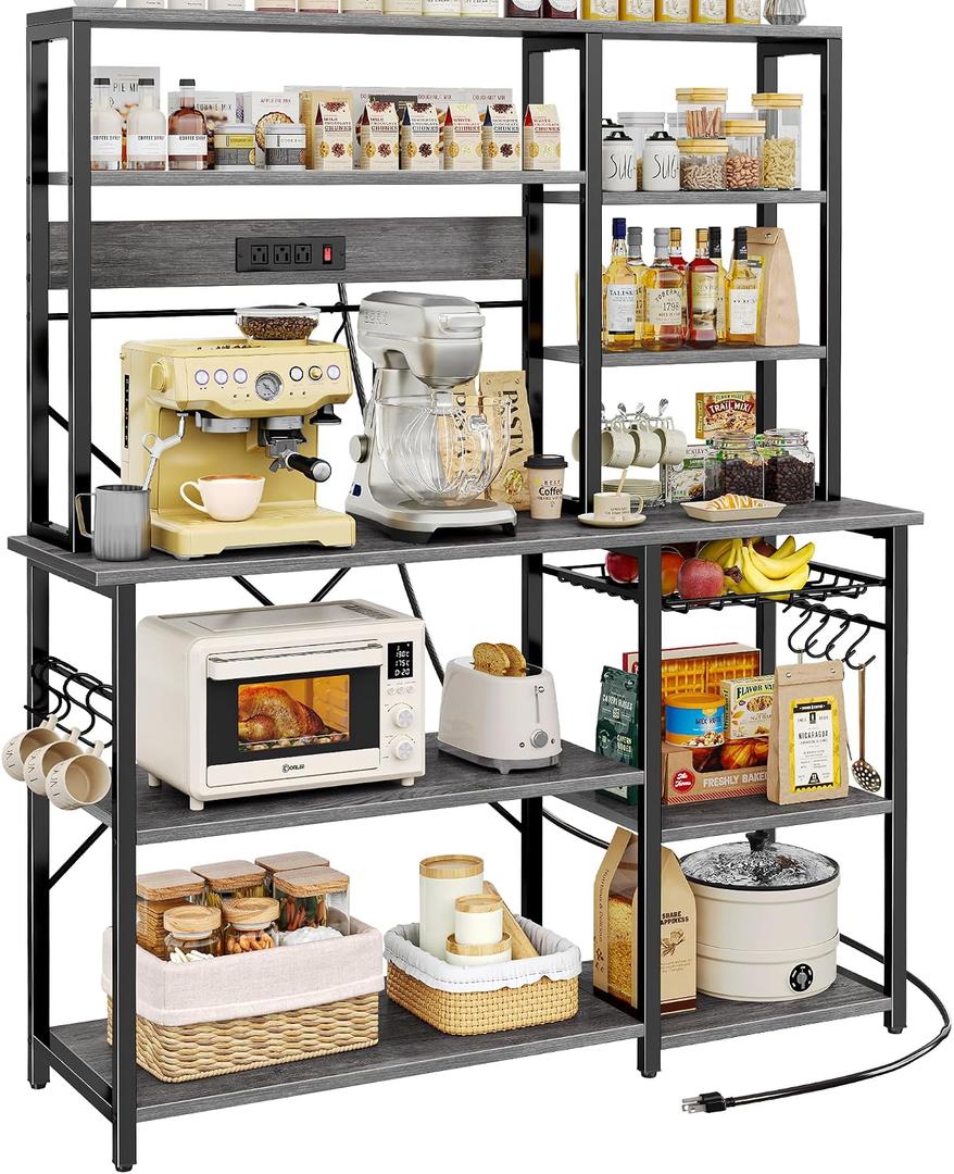 SUPERJARE Larger Bakers Rack with Power Outlets, 6-Tier Microwave Stand, Coffee Bar with 12 S-Shaped Hooks, Kitchen Shelf with Wire Basket, 47.2 x 15.5X 66.9 Inches, Grey