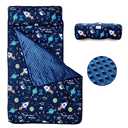 beeweed Toddler Nap Mat, Rollup Design Kid Sleeping Mat with Removable Pillow & Minky Blanket, Toddler Sleeping Bag for Daycare Preschool Travel Camping, Space Ship, Nap mat size (including pillow): 23” x 52”, Blanket size: 31” x 42”