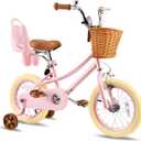 RULLY 16 Inch Girls Bike for 4-7 Years, Kids Bicycle with Training Wheels, Basket & Doll Seat, Retro Pink Toddler Bike with Coaster Brake