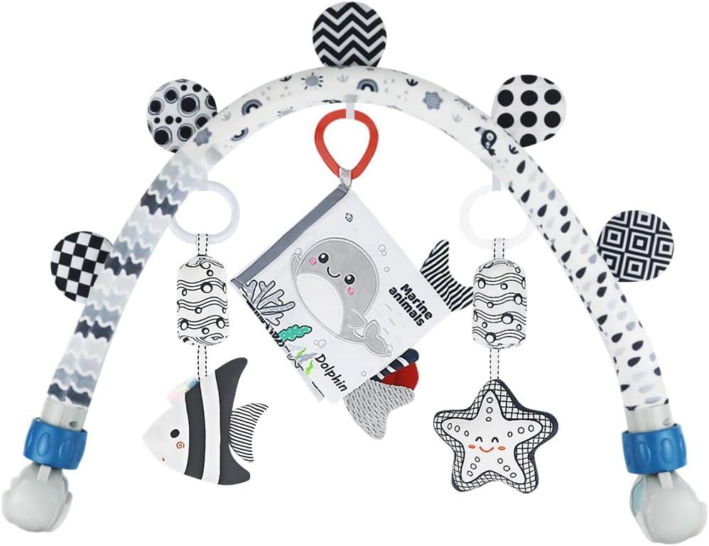 Baby Activity Travel Mobile Arch Bassinet Toy, Black and White High-Contrast Crib Toys, with Rattle and Book, Strolle,Pram and Crib Attachment with Hanging Toys (Ocean)