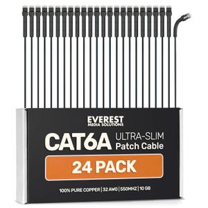 Everest Ultra Slim Cat6a Ethernet Patch Cables 3ft (24-Pack) Black - 10GB Cat 6a Patch Cable - Bendable, Flexible & Thin Ethernet Cable - Space Saving 32AWG 550MHZ Cat6a Cables - 100% Copper Wires