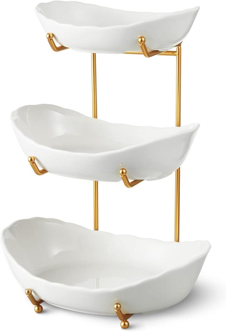 Fruit Bowl for Kitchen Counter - 3 Tier Ceramic Serving Bowls with Metal Stand, Tiered Fruit Basket for Fruit Vegetable Storage, Snack, Nuts, Cake, Dessert, Small & Cute (Gold)