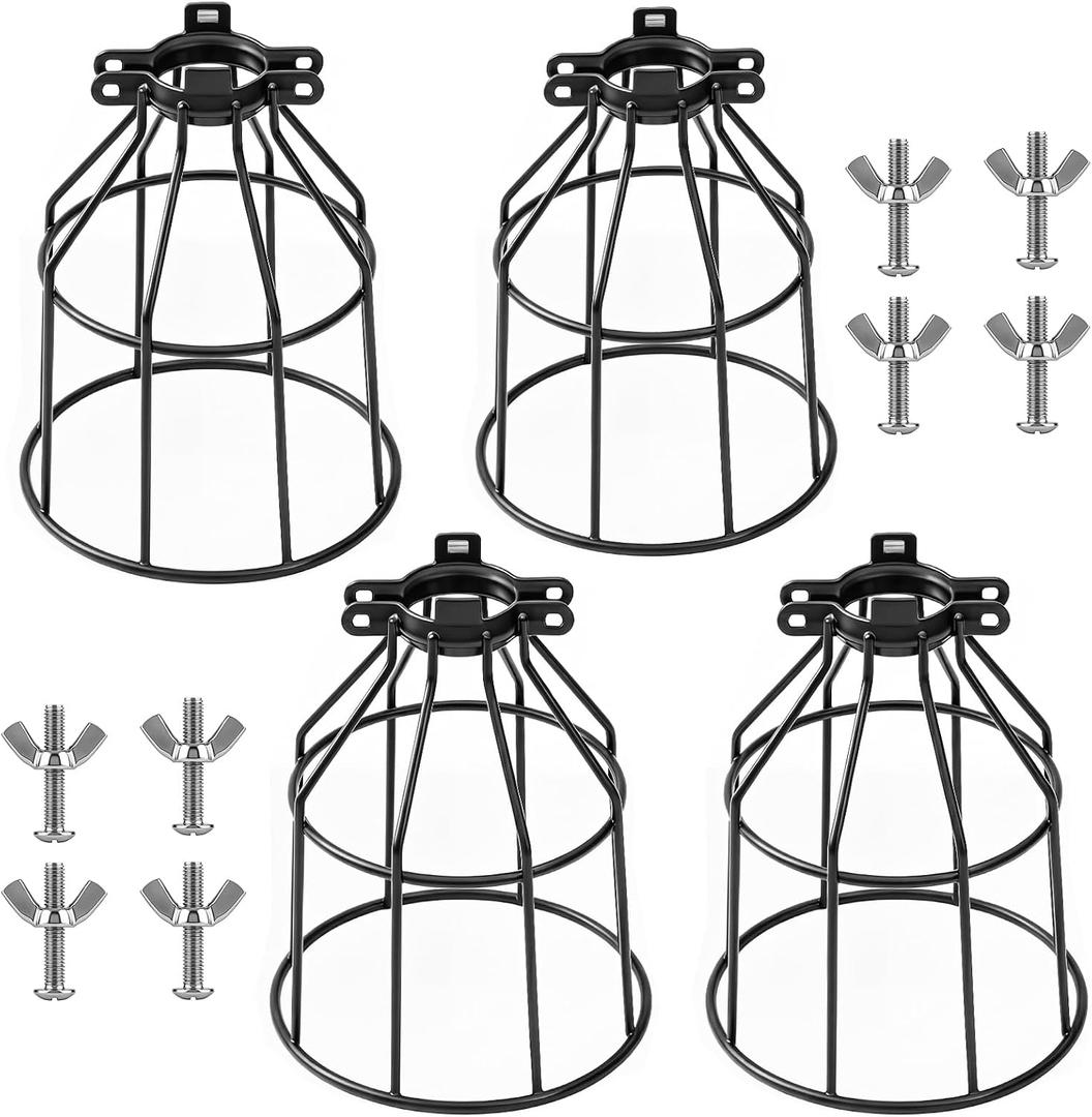 Retisee 4 Pack Farmhouse Vintage Industrial Metal Lamp Guard Cage, Adjustable Industrial Light Cage Replacement, Black DIY Lamp Shade Replacement Accessories for Hanging Pendant Lighting, 4.72 x 4.72 x 7.09 inch