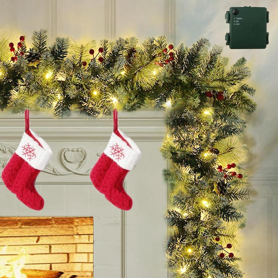 9 FT Christmas Garland with Lights, Pre-lit Xmas Garland Battery Operated Lighted with Timers Pine Cone Berrirs Lush Branches,Christmas Garlands Decoration for Mantle Stair Fireplace Indoor Outdoor