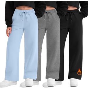 3 Pack Girls' Sweatpants Fleece Lined Wide Leg Drawstring Casual Kids Open Bottom Pants with Pockets Teen Girl (11-12 Years, Blue, Heather Gray, Black)