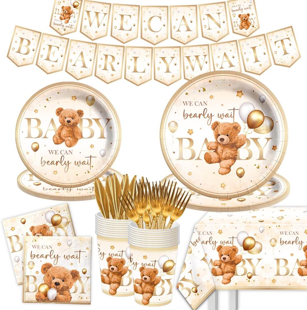 Bear Baby Shower Decorations for Boy-142Pcs We Can Bearly Wait Tableware,Brown Bear Theme Plates and Napkins Set Serves 20 Guests,Bear Baby Shower Birthday Party Supplies