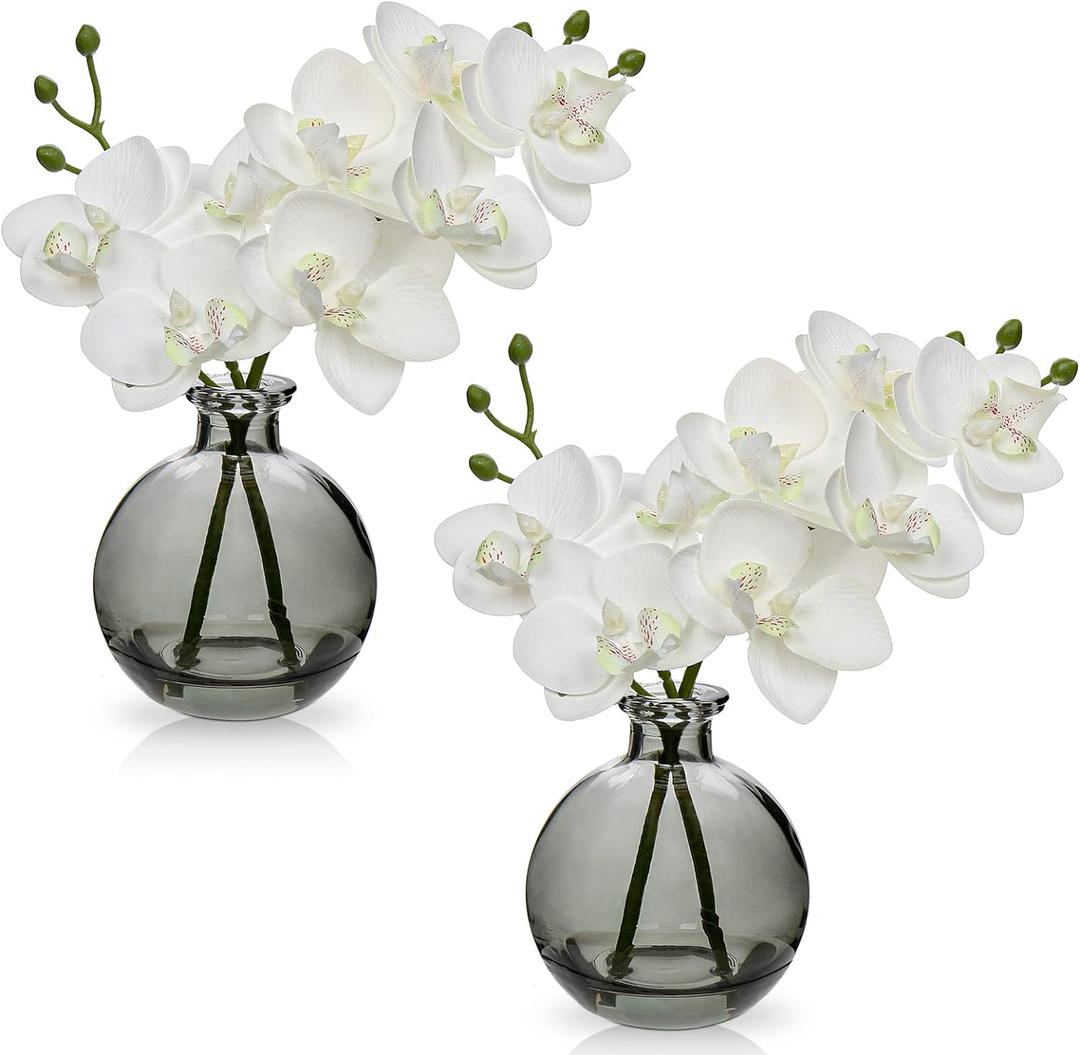 Oairse White Orchids Artificial Flowers Faux Orchid Arrangement with Black Glass Vase Set of 2 Real Touch Phalaenopsis Orchid Flowers Orchid Centerpiece for Dining Room Table