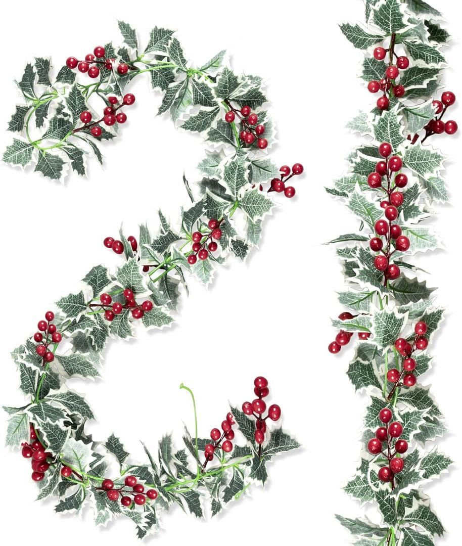 Whaline 2Pcs Christmas Artificial Garlands, 15.7Ft Xmas Berry Holly Leaves Garland Faux Greenery Garlands Winter Snowy Red Berries Hanging Vine for Wedding Party Home Decoration