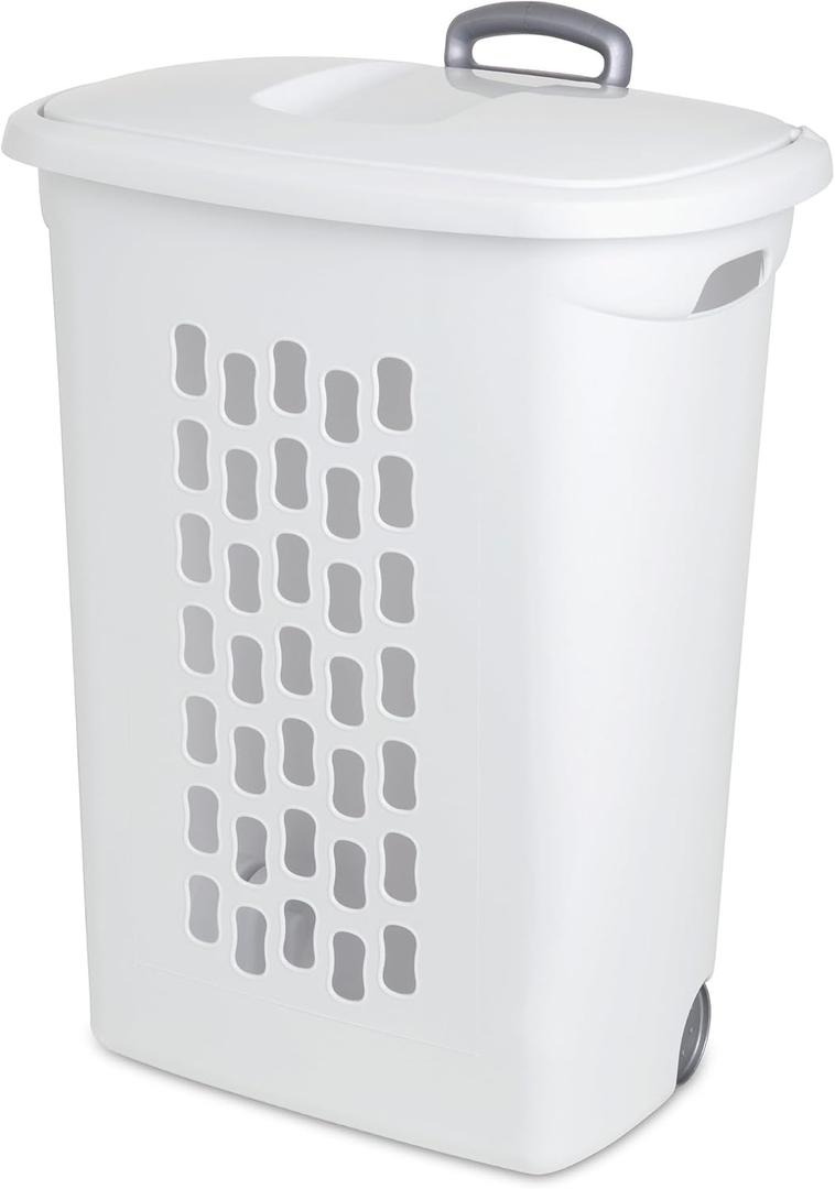 Sterilite 3-Pack Laundry Hamper with Lid and Wheels, Rolling Clothes Basket, Ultra, White (One Size)