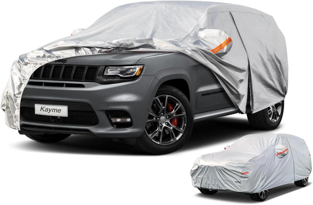 Kayme 6 Layers SUV Car Cover Waterproof All Weather for Automobiles, Outdoor Full Size Cover Rain Sun UV Protection with Zipper Cotton, Universal Fit for SUV Jeep (191-200 inch) (Aluminum-Silver)
