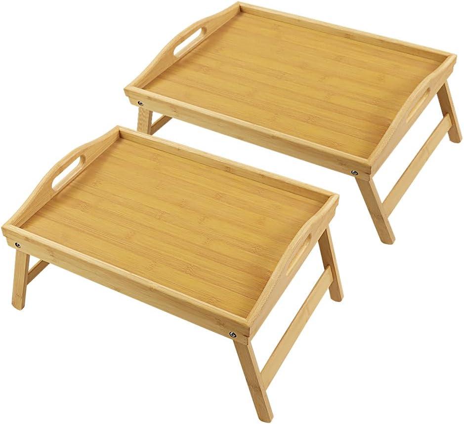 Bamboo Bed Tray Table with Folding Legs Set of 2 Foldable Breakfast Tray Portable Serving Table Laptop Snack Drawing Breakfast Trays for Bed, Set of 2, 16.1"L x 11.8"W x 7.9"H