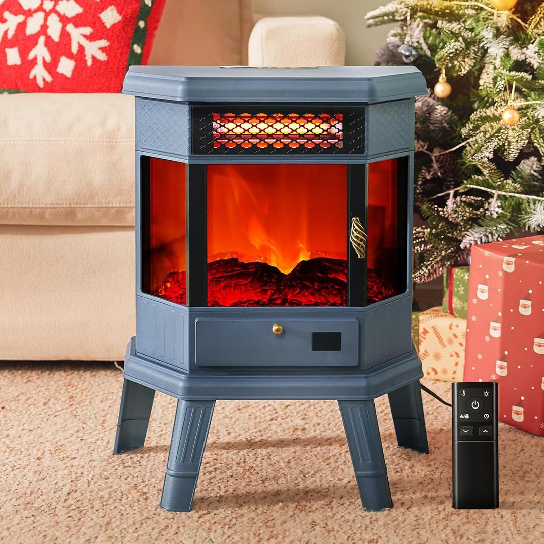 RealSmart Electric Fireplace Heater 22 in Freestanding Fireplace Stove Infrared Fireplace with 3D Flame Effect Remoted Control, Timer, Overheating Protection (Blue)