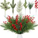 ProSuites 60 Pcs Artificial Pine Branches Christmas Greenery Stems Pine Picks Xmas Stems Pine and Cypress Branches Red Berries Christmas Holiday Decoration, DIY Christmas Garland Wreath