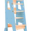 Toddler Tower 4-in-1 Multifunctional Kitchen Stool Helper with Removable Safety Board, Adjustable Heights, Slide, Highchair, Chalkboard, Montessori Games (Wood)