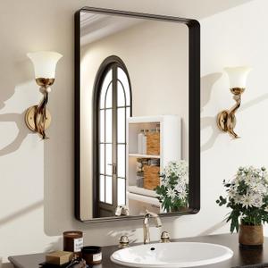 30"x22" Black Bathroom Mirror - Modern Mirror for Wall with Rounded CornersBathroom Mirrors for Vanity, Aluminum Alloy Framed Mirror Portrait or Landscape Hang, Rectangle Mirrors for Bedroom