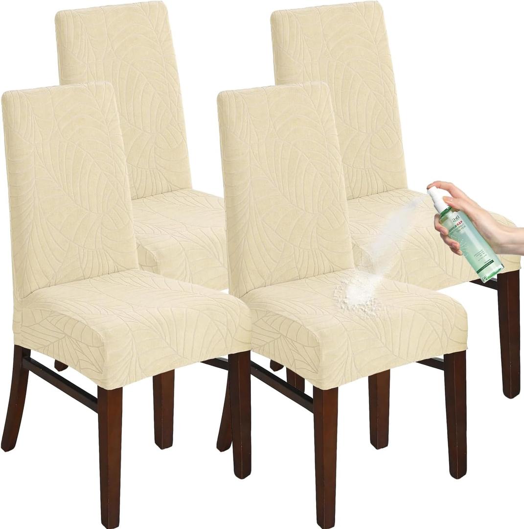 Chair Covers for Dining Room Set of 4, Stretch Jacquard Dining Chair Slipcover Covers, Removable Washable Waterproof Chair Covers (Cream,4 Pieces)
