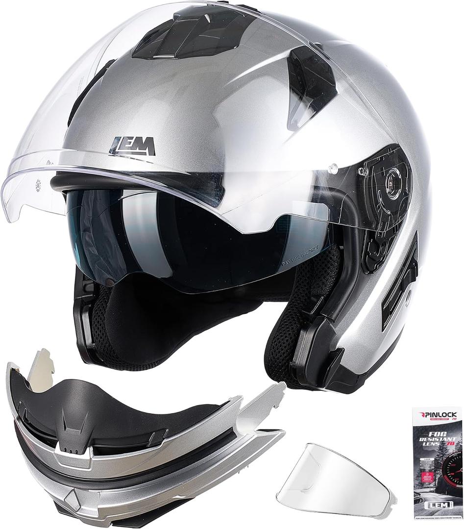 LEM Modular Motorcycle Helmets for Adults, Full Face Motorcycle Helmets for Men, Detachable Chin Guard, DOT Approved, Anti-Fog PINLOCK & DVS Dual Vision, Double D Lock, Quick Series(Silver, XX-Large)