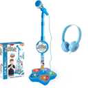 Kids Karaoke Microphone with Adjustable Stand,Standing Mic for Portable Singing, Retractable Headset for Music Sing-along,Flashing Stage Light Base for Aged 3-6 Boys Girls Blue