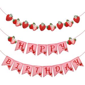 Strawberry Birthday Banner, Strawberry Themed Party Decorations Shortcake Sign Happy Birthday Hanging Banner for Baby Girl Shower Party Decor