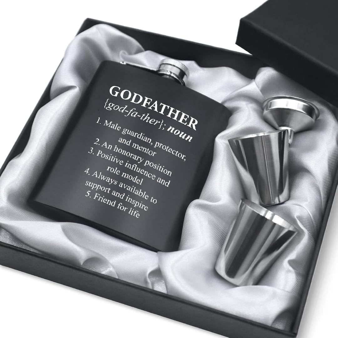 7oz Engraved Hip Flask Set for Godfather - "Will You Be My Godfather?" Thoughtful Godfather Proposal Gifts, Baptism to Father's Day Present from Godchild