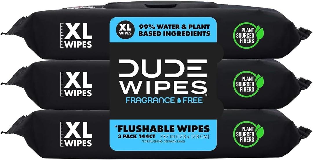 DUDE Wipes Unscented Flushable Wipes - Extra-Large Adult Wet Wipes for Sensitive Skin - 3 Pack (144 Count) - Infused with Vitamin E and Aloe - Septic and Sewer Safe