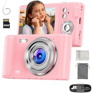 Digital Camera 4K for Kids: 48MP Pink Camera for Teens Photography - Christmas Birthday Gifts for Girls - 16X Zoom Shoot for Vlogging - Compact Camera for 6 7 8 9 10 Years Old- Toys for Toddler