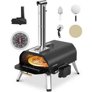 Sounday Pizza Oven Outdoor, 12" Pellet Outdoor Pizza Oven with 360Auto Rotating Pizza Stone, Built-in Thermometer, Portable Wood Fired Pizza Maker with Pizza Cutter, Peel, Backing Paper & Carry Bag