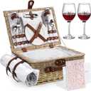 Picnic Basket for 2, Bridal Shower Gift Wedding Gifts with Mr Mrs Glasses and Greeting Card, Engagement Newly Weeding Gifts for Couples 2025, Wicker Picnic Set Kit with Blanket Cooler for Beach