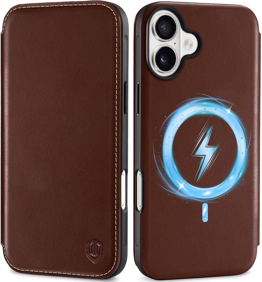 SHIELDON Wallet Case for iPhone 16 Plus 6.7", Genuine Leather Slim RFID Blocking Credit Card Holder Magnetic Shockproof Case Wireless Charging Compatible with iPhone 16 Plus 2024 - Retro Coffee