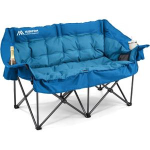 Double Camping Chairs Padded Loveseat Chair for 2 Person - Heavy Duty Oversized Camping Couch for Adults Outdoor Lawn Beach - Portable Folding Sofa with Cup Holders and Carry Bag, Bright Blue