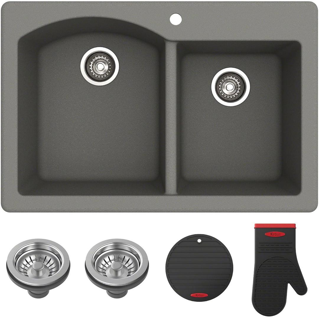 KRAUS Forteza 33-inch Drop In/Undermount 60/40 Double Bowl Granite Kitchen Sink in Grey, KGD-50GREY (Gray) KRAUS Forteza 33-inch Drop In/Undermount 60/40 Double Bowl Granite Kitchen Sink in Grey, KGD-50GREY (Gray)