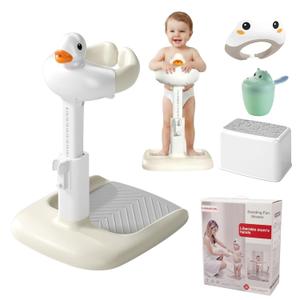 Baby Shower Stand, Anti-Slip Bath Stand for Infants & Toddlers, with Stool, Water Scoop & Shampoo Cap, BPA-Free ABS, White Beige