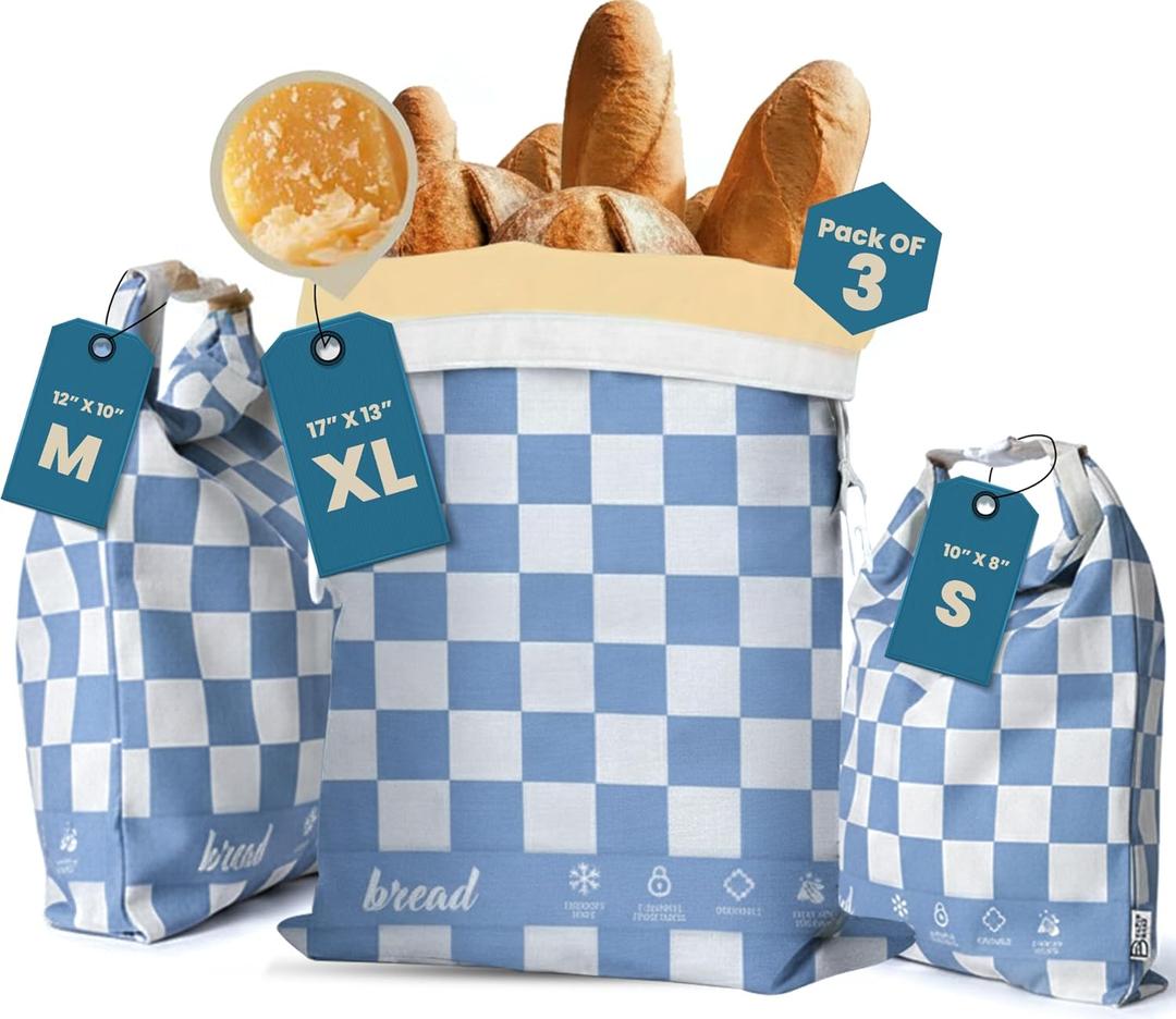 3-Pack Reusable Beeswax Bread Bags (XL, M, S) - Organic Cotton Beeswax Bread Storage Bag for Homemade Bread & Sourdough Freezer-Safe, Breathable & Freshness Support - Eco-Friendly Bread Bag