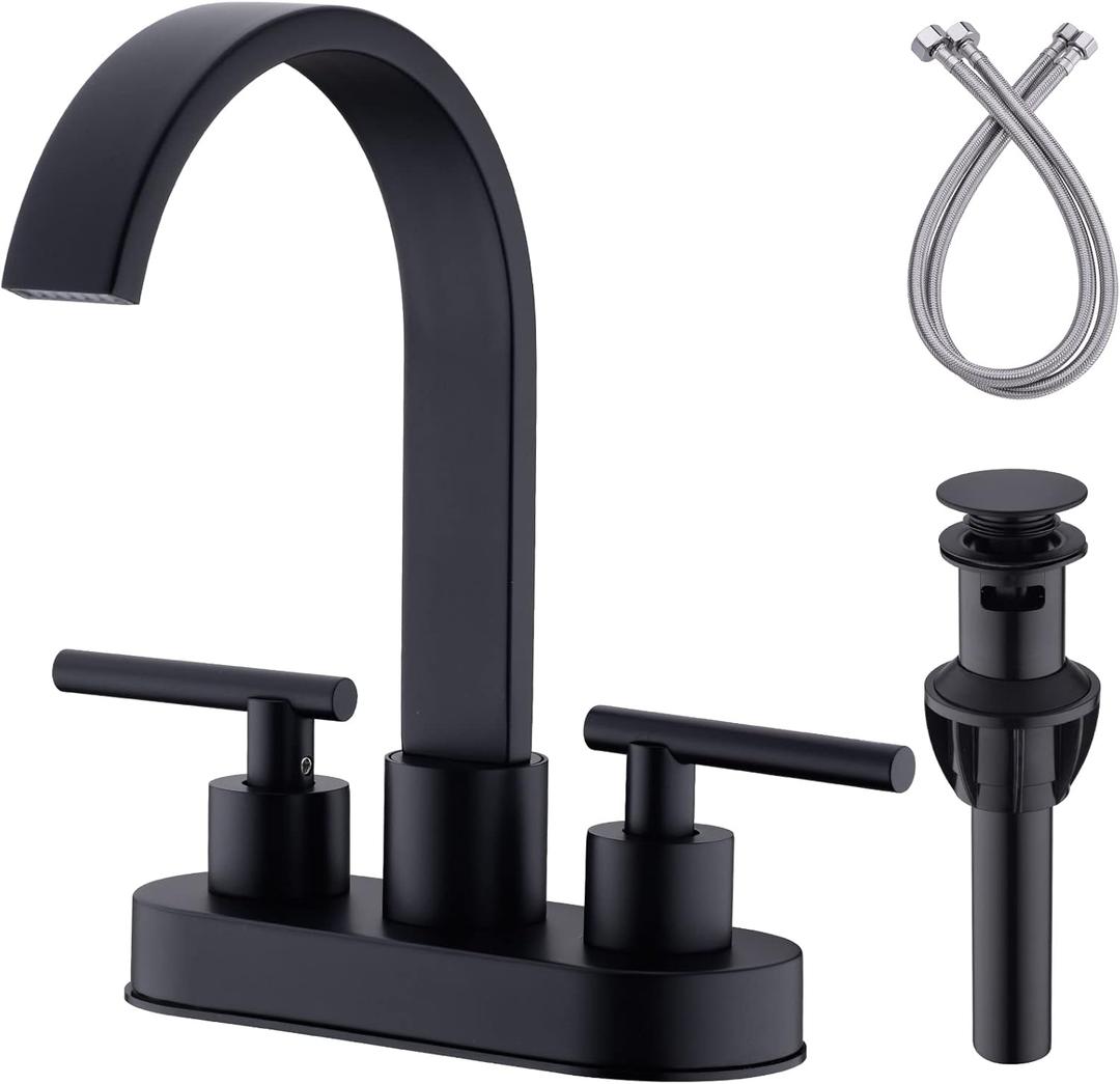 Matte Black Bathroom Faucet 4 Inch Centerset 2 Handle Lavatory Vanity Sink Faucet with Overflow Pop-Up Drain and cUPC Water Supply Lines, Square Shaped 360 Degree Swivel Waterfall Spout