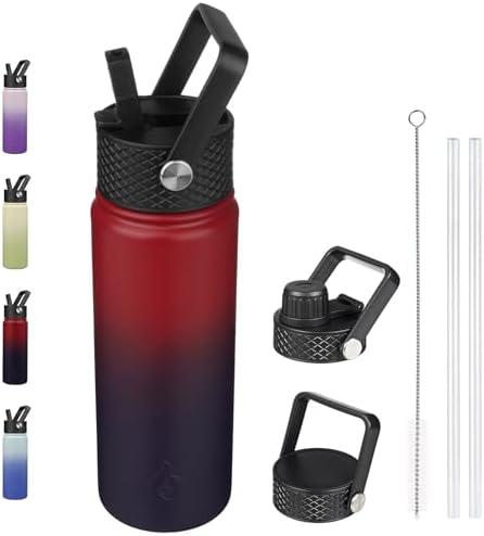BJPKPK Insulated Water Bottles with Straw Lid, 22oz Cold & Hot Thermos, Stainless Steel Metal Water Bottle with 3 Lids, Reusable Thermos, Cups, Mugs-Charming Red
