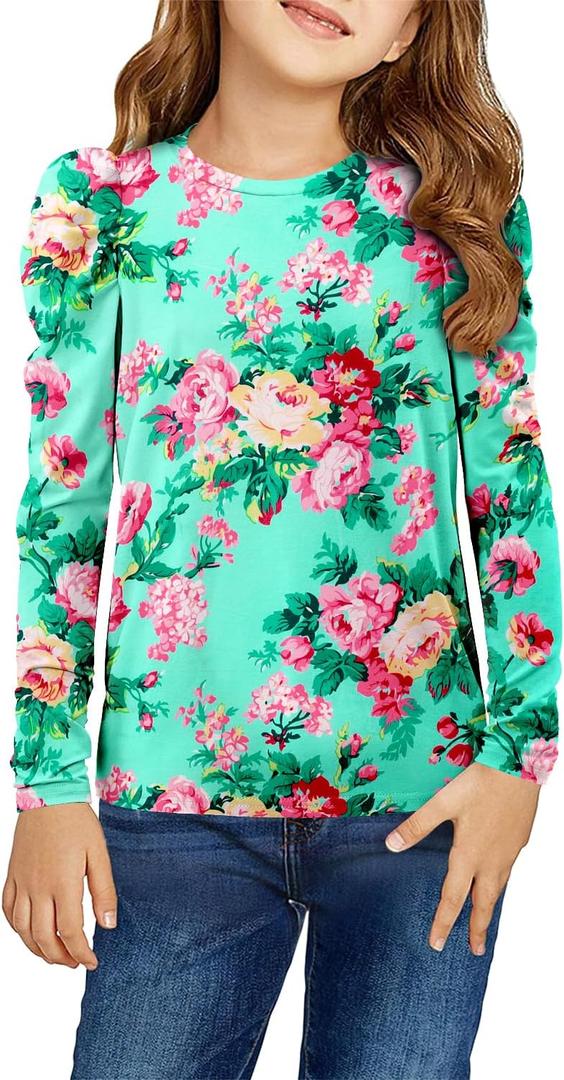 storeofbaby Girls Puff Long Sleeve Shirts Round Neck Tunic Tops Casual Blouses 5-14 Years (Green, XXL)