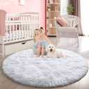 FlyDOIT White Round Rug for Bedroom, Super Fluffy Circle Rugs for Baby Nursery, 4'X4' Feet Furry Carpet for Children Kids Room, Cute Soft Shaggy Rug for Girls Home Decor, Fuzzy Plush Carpets for Dorm
