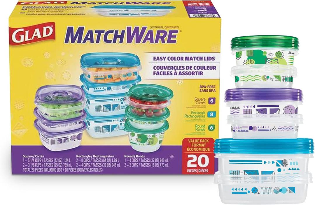 Glad GladWare MatchWare Food Storage Containers with Lids, BPA Free Reusable Plastic 20 Piece Variety Pack for Lunches, Meal Prep, and Leftovers, Leak Resistant, Microwave and Dishwasher Safe, 20 Count