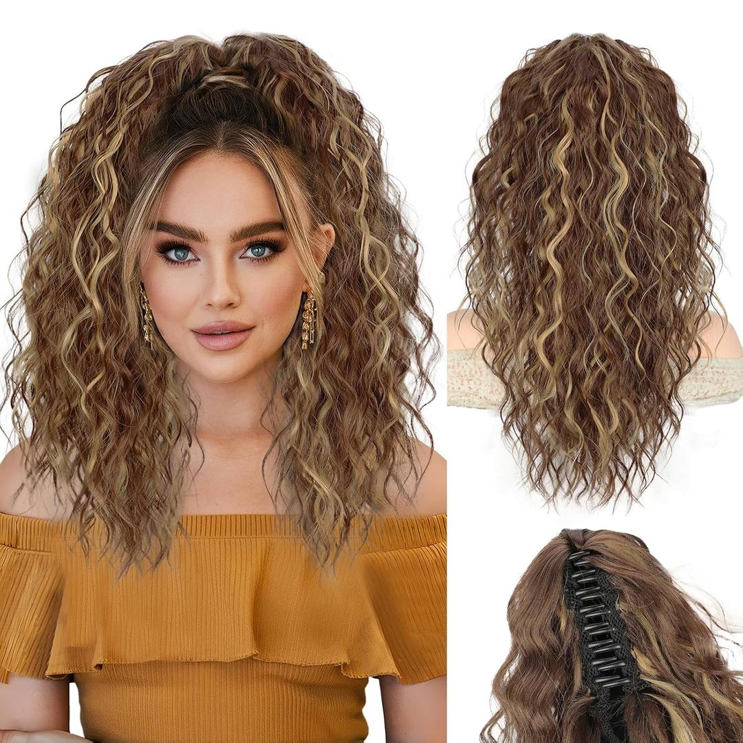 Ponytail Extension 18" Curly Wavy Pony Tail Claw Multi Layered Clip on Ponytail Extension Fluffy Natural Looking Synthetic Hair Piece for Women(Light Brown with Blonde)