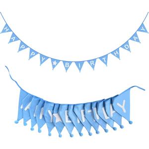 GCQQ Blue Happy Birthday Banner 14PCS Double-Layer Cotton Fabric Bunting 11.2FT Reusable Pennant Nursery Garlands with Pom Poms for Kids Boy Birthday Party Baby Shower Winter Wonderland Decorations